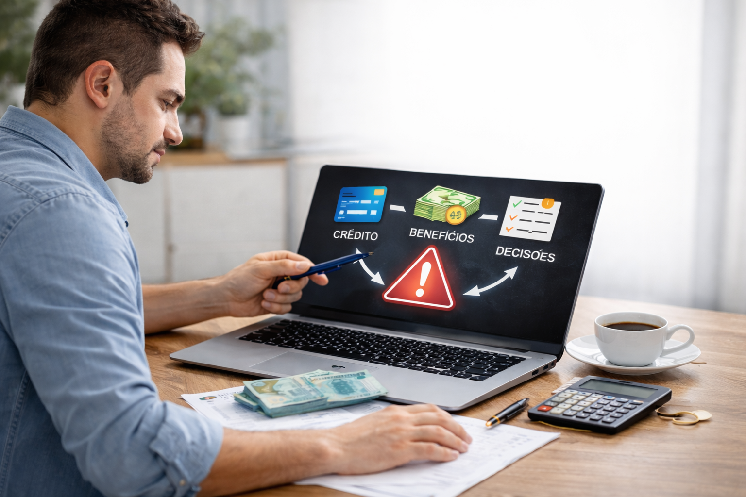 Homem analisando informações financeiras no notebook com calculadora, dinheiro e documentos sobre a mesa