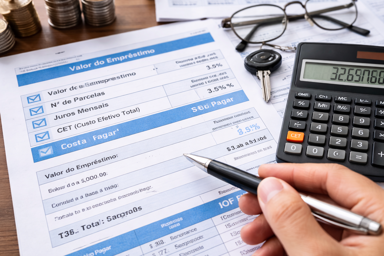 Cálculo de custo total de empréstimo e financiamento com planilha mostrando números e valores