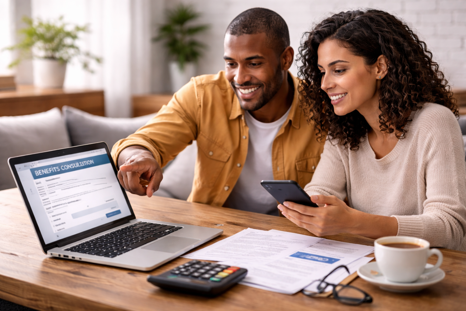 Casal consultando informações sobre benefício no notebook enquanto revisa documentos e calcula valores