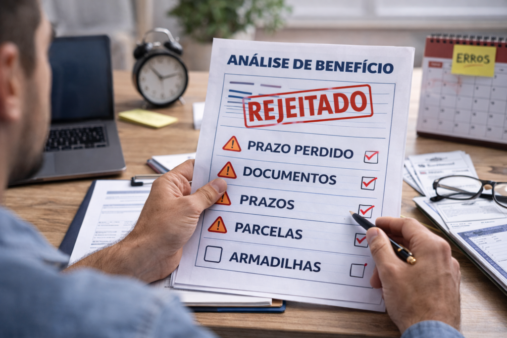 Pessoa analisando documento de análise de benefício com aviso de erro e prazo perdido