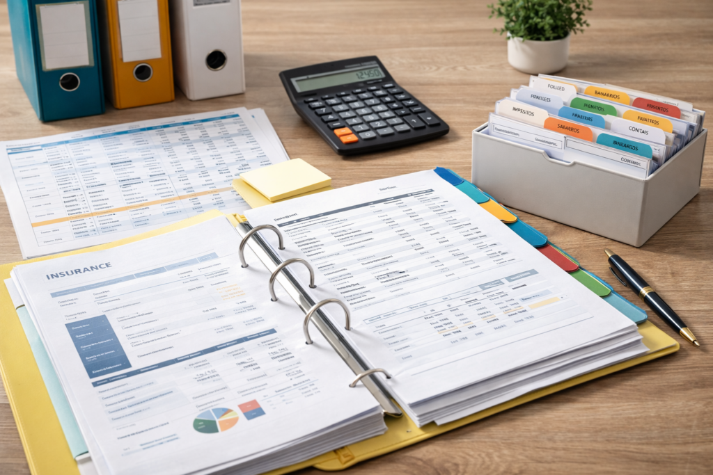 Mesa com documentos financeiros organizados, pastas, calculadora e caneta, mostrando processo de organização de papelada financeira