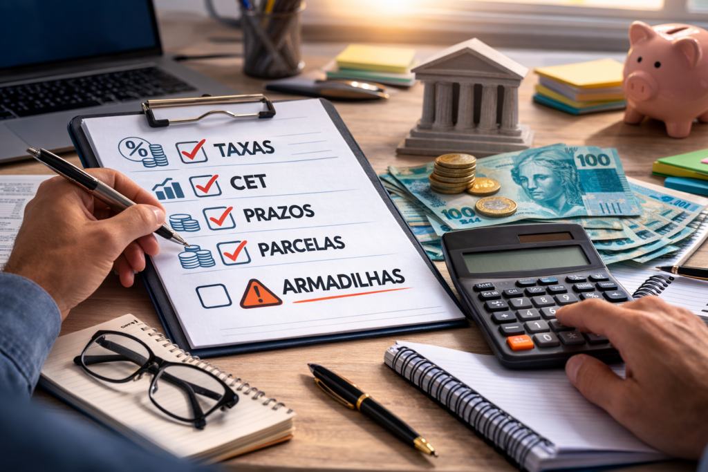 Pessoa analisando checklist com taxas, CET e prazos antes de contratar um empréstimo