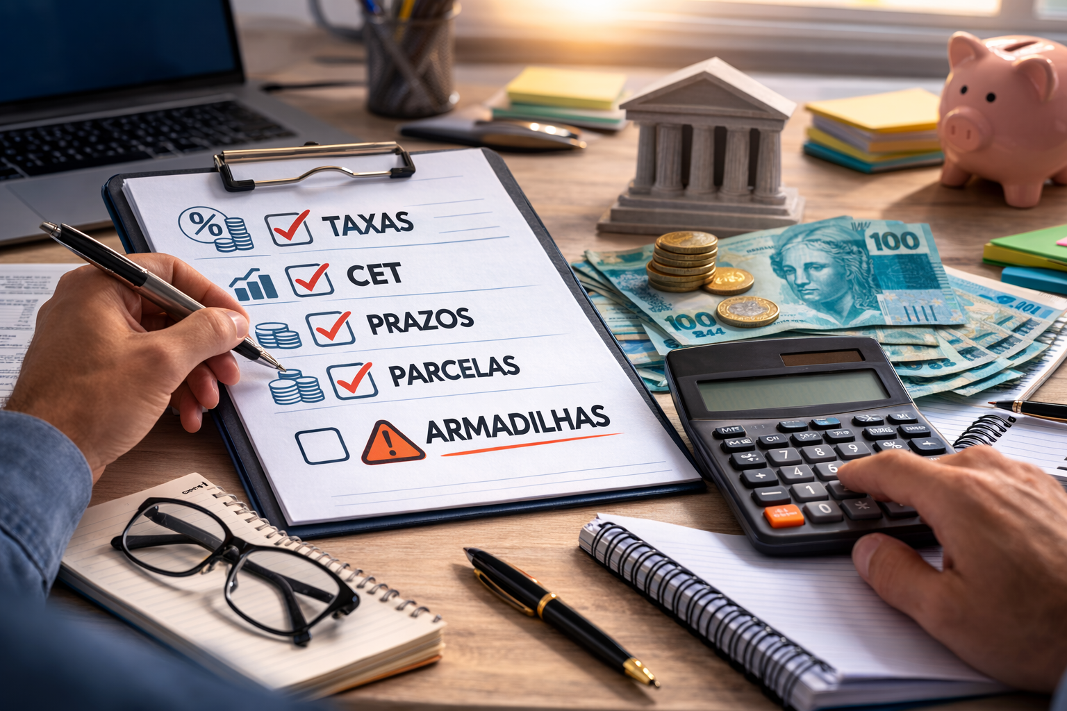 Pessoa analisando checklist com taxas, CET e prazos antes de contratar um empréstimo
