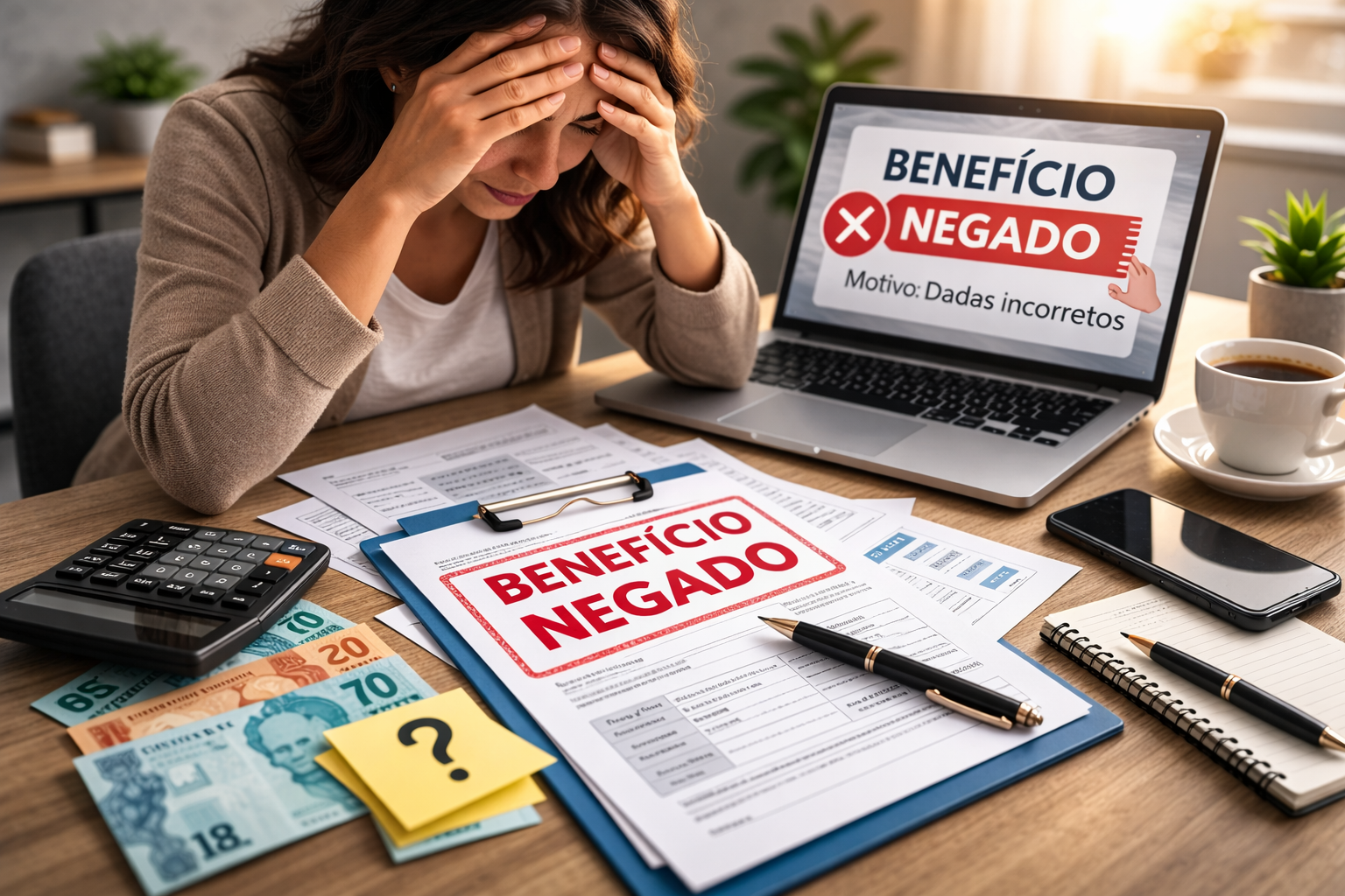 Pessoa analisando documentos em mesa organizada enquanto verifica notificação de benefício negado no notebook, representando revisão de solicitação.