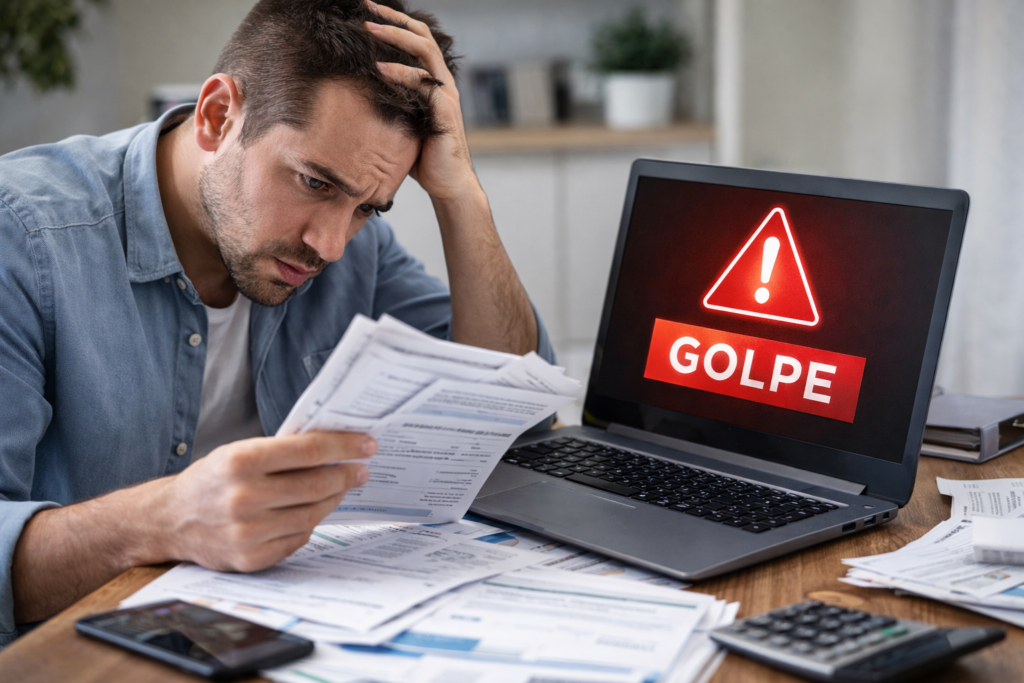 Pessoa com expressão de preocupação lendo documentos e olhando para a tela de um computador, simbolizando tentativa de identificar golpes financeiros em benefícios.