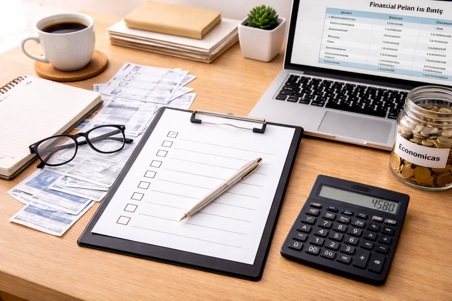 Checklist financeiro mensal com documentos, calculadora e planejamento financeiro sobre mesa de trabalho