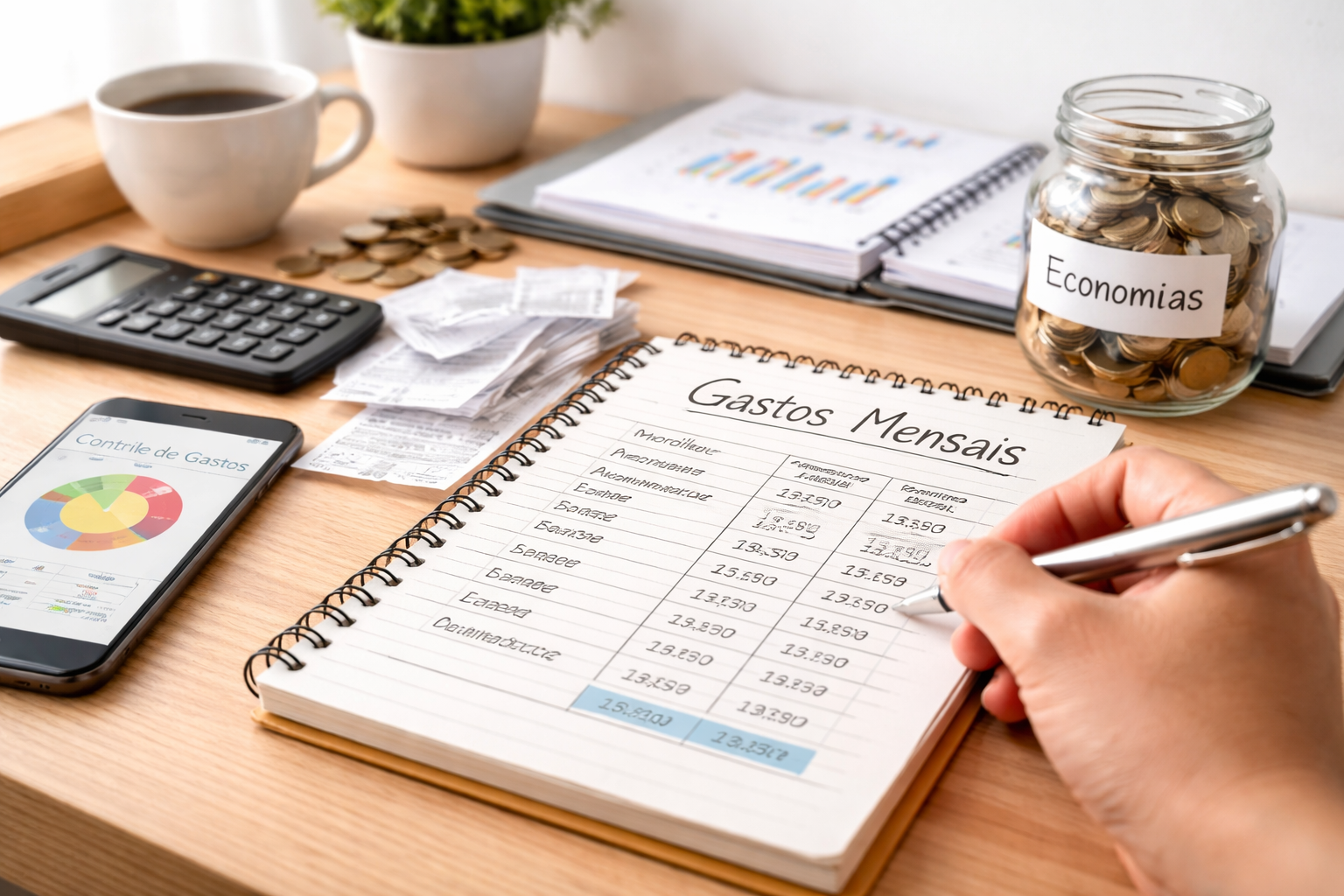 Controle de gastos mensais com recibos, calculadora e planejamento financeiro