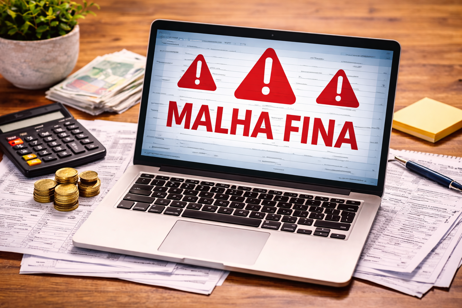 Laptop mostrando alerta de malha fina na declaração do imposto de renda com documentos e calculadora sobre a mesa
