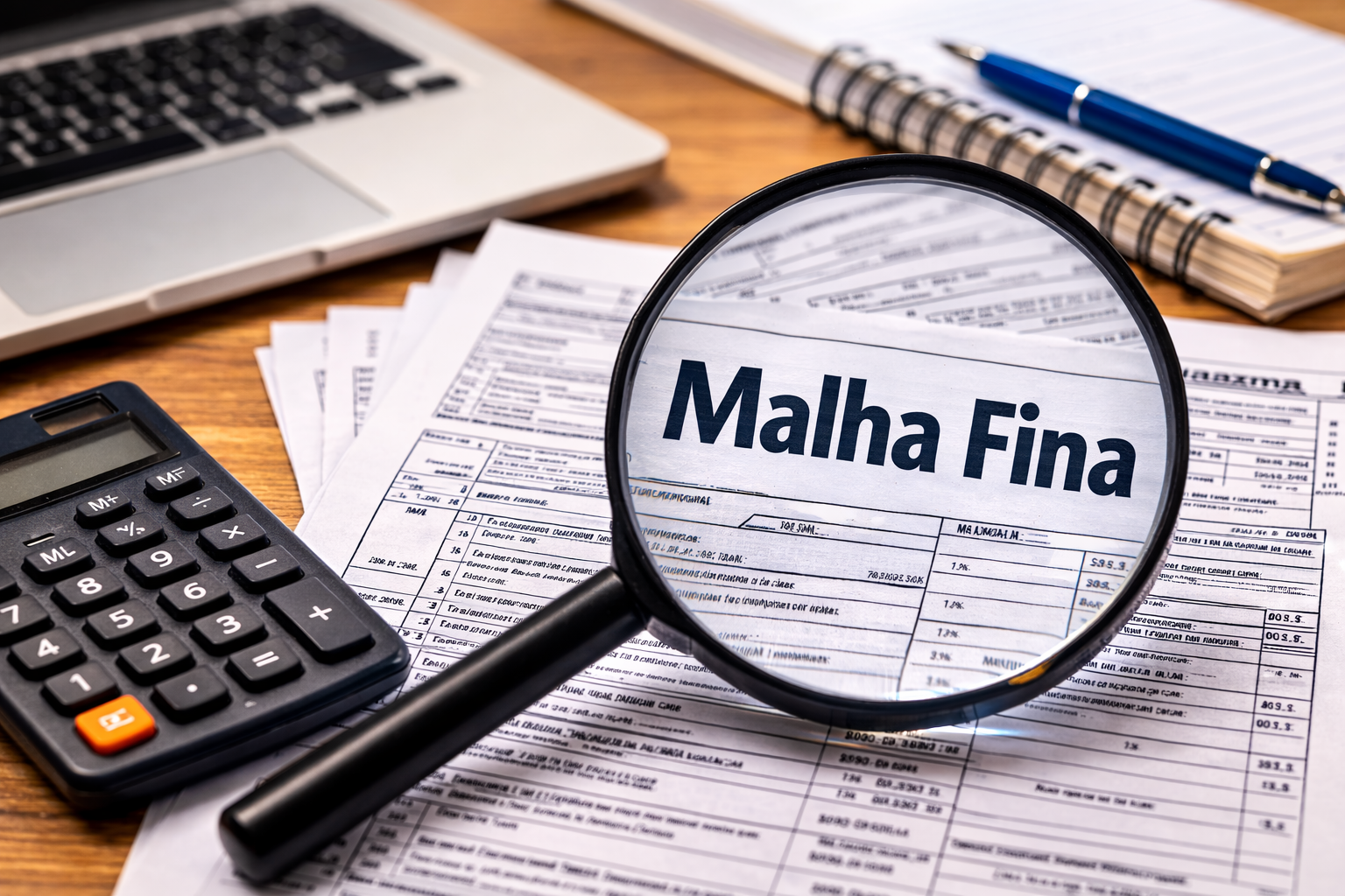 Lupa destacando “malha fina” em documentos do imposto de renda com calculadora e dinheiro sobre a mesa