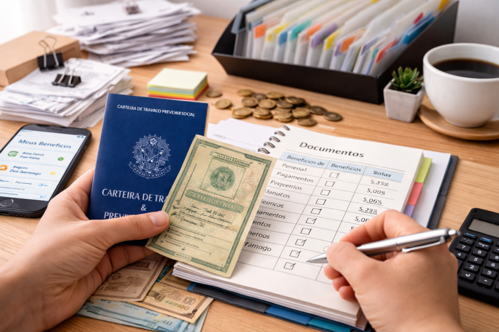 Organização de documentos e benefícios com checklist e planejamento financeiro