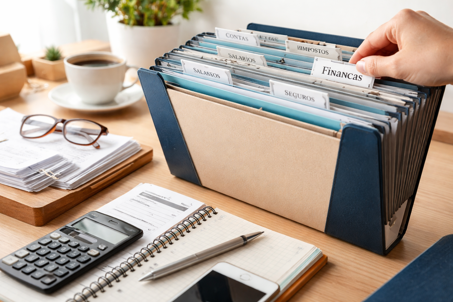 Organização de documentos financeiros em pasta classificadora com contas e recibos