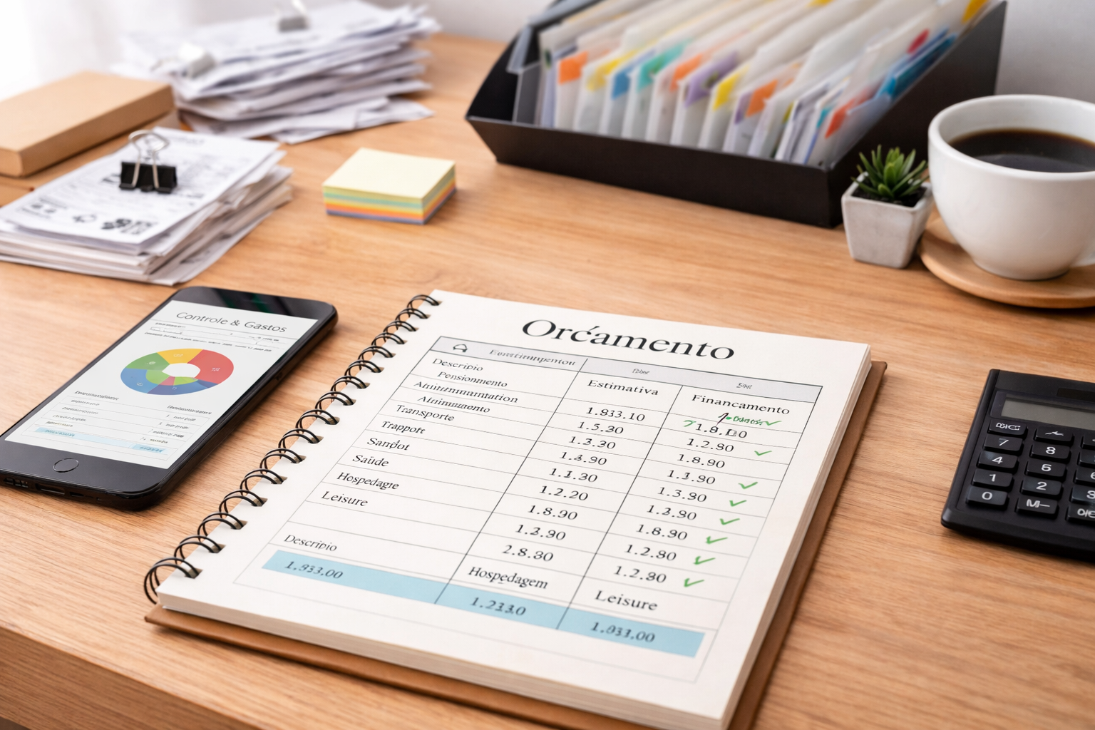 Organização financeira com orçamento e controle de despesas mensais