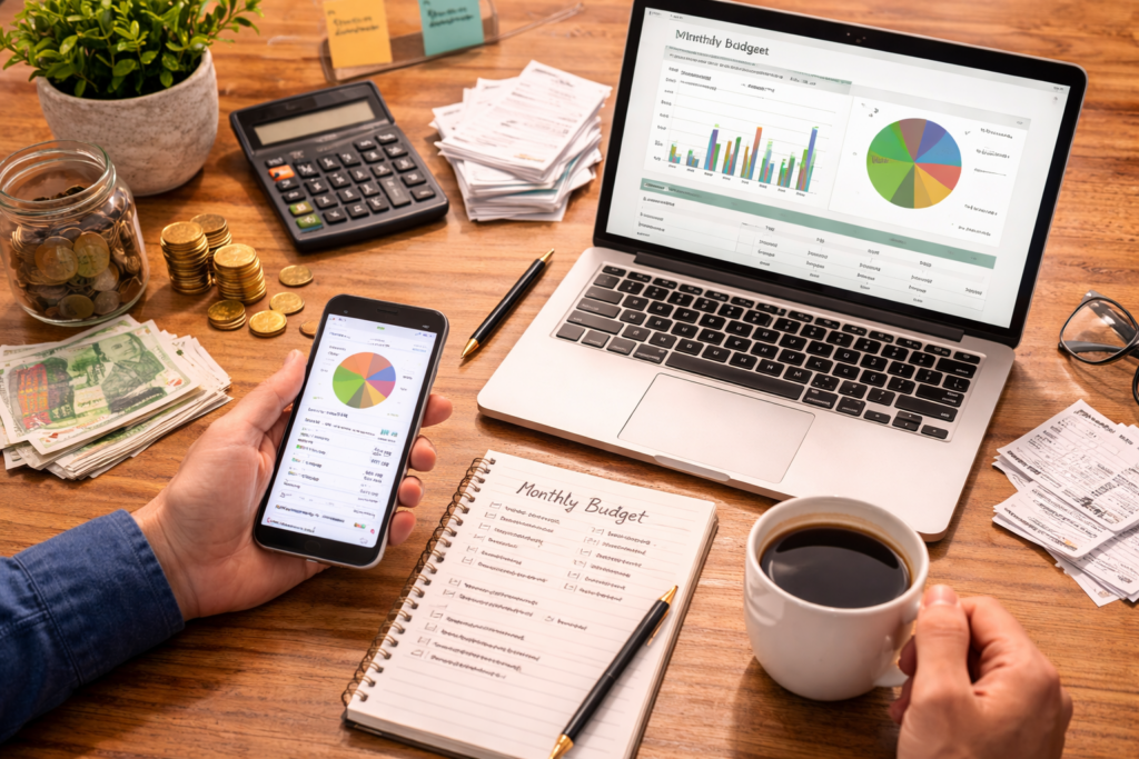 Pessoa acompanhando controle financeiro pessoal no celular e notebook com gráficos, dinheiro e recibos sobre a mesa