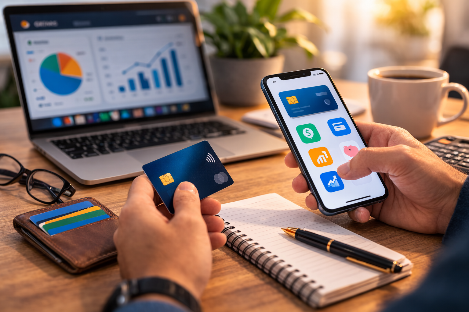 Pessoa gerenciando cartões e contas pelo celular com notebook e cartões de crédito sobre a mesa