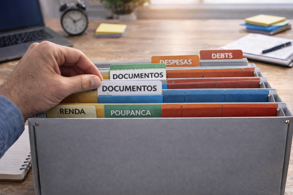 Pessoa organizando documentos em arquivo financeiro pessoal com pastas identificadas por renda, poupança e despesas