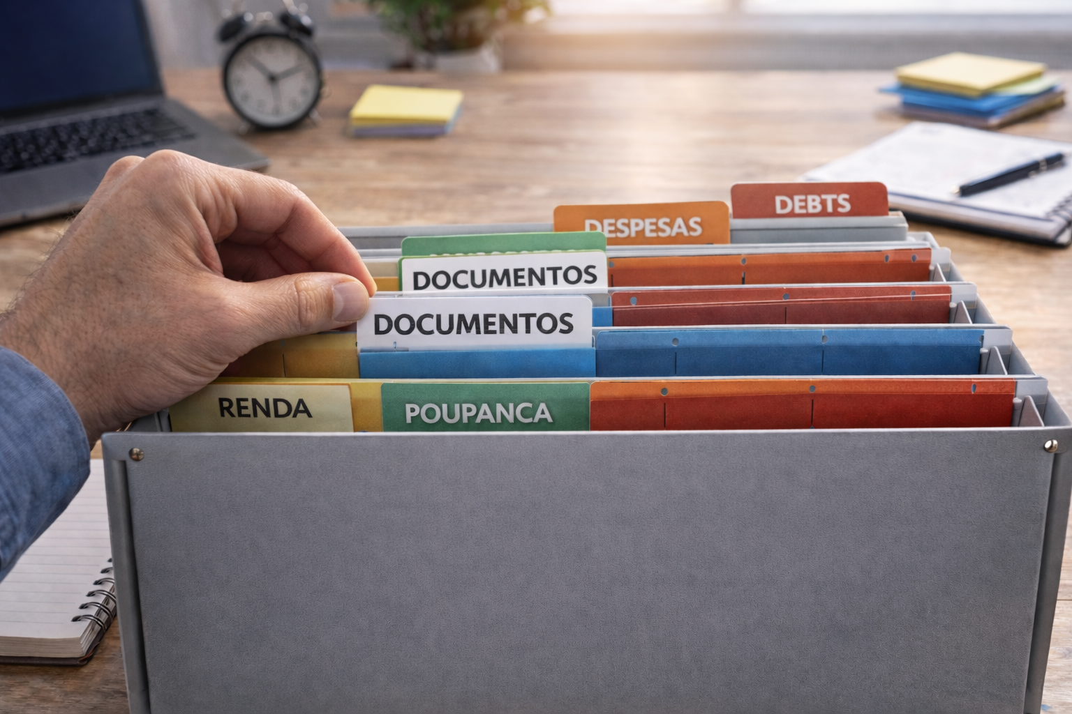 Pessoa organizando documentos em arquivo financeiro pessoal com pastas identificadas por renda, poupança e despesas