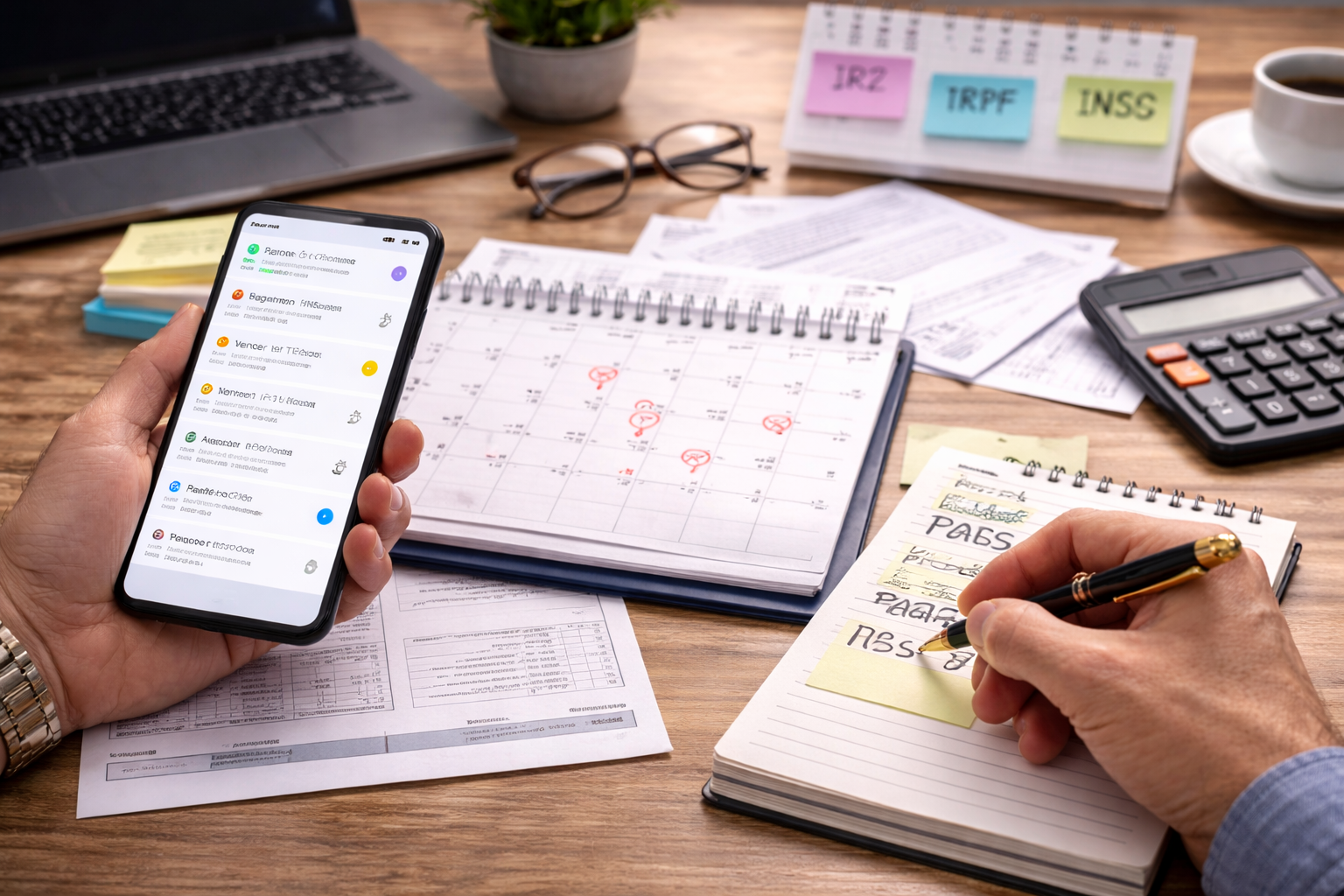 Pessoa organizando prazos de benefícios e impostos com calendário, celular e documentos financeiros sobre a mesa