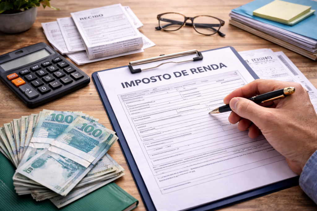 Pessoa preenchendo declaração de imposto de renda com calculadora, documentos e dinheiro sobre a mesa