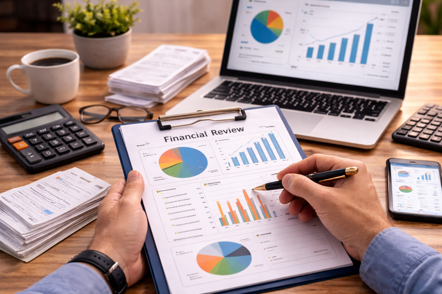 Pessoa revisando finanças pessoais com relatórios, calculadora, laptop e documentos sobre a mesa