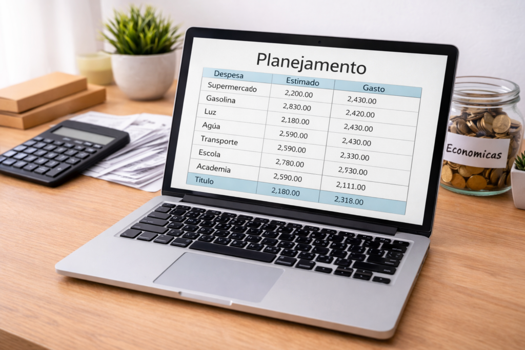 Planilha de planejamento financeiro com controle de despesas mensais no notebook