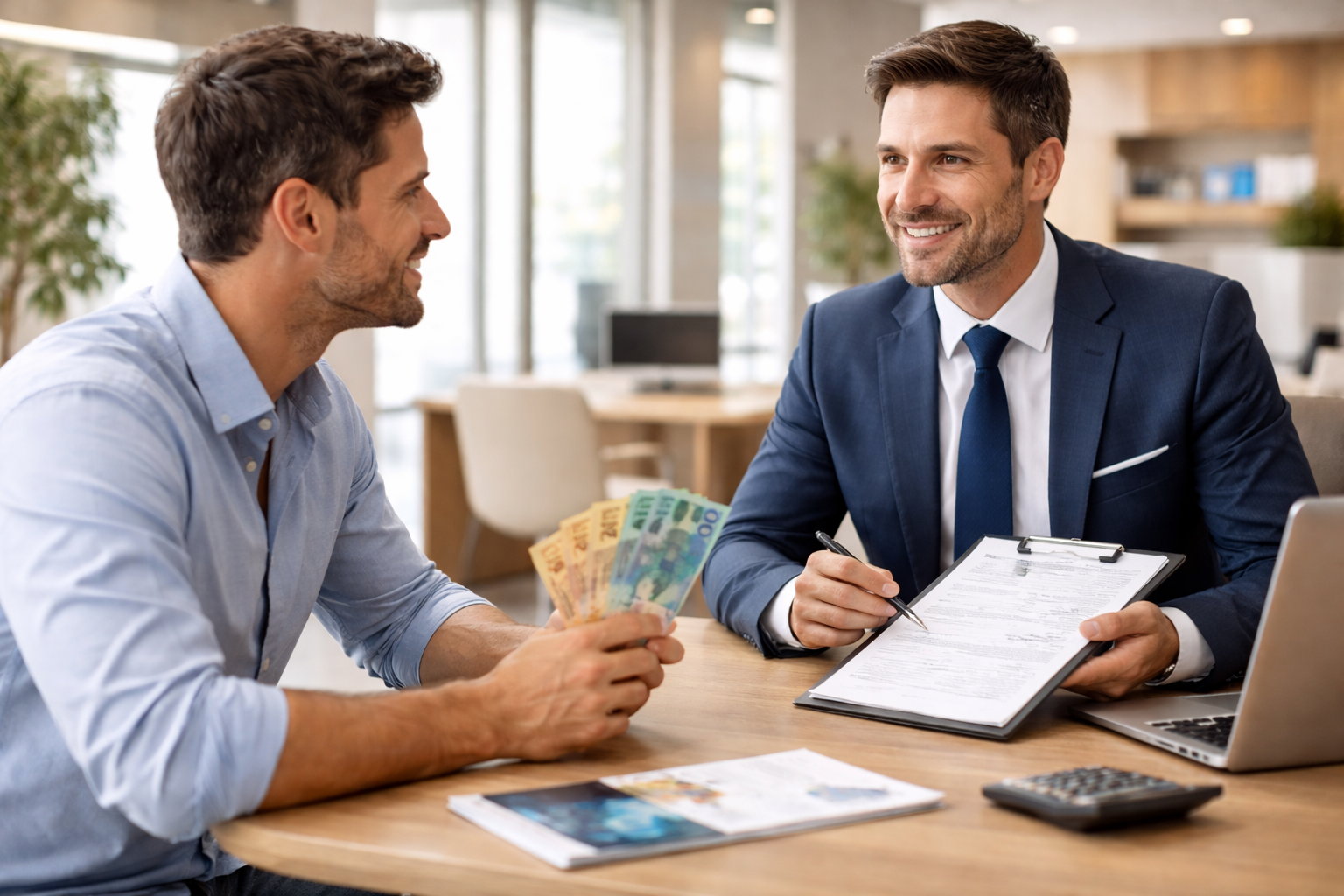 Cliente conversando com gerente de banco sobre solicitação de crédito pessoal, analisando valores e condições financeiras em atendimento presencial
