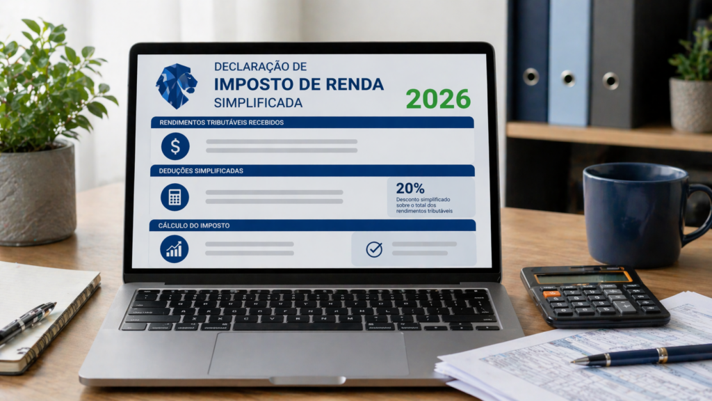 Computador com sistema de declaração de imposto de renda simplificada 2026 aberto, com documentos e calculadora sobre a mesa em ambiente de trabalho organizado