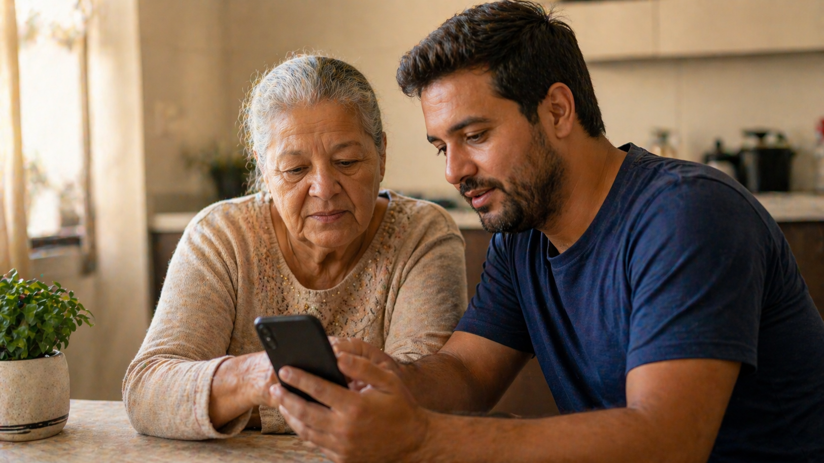 Idosa brasileira com filho adulto usando celular em casa, consultando informações de benefícios com apoio familiar em ambiente doméstico