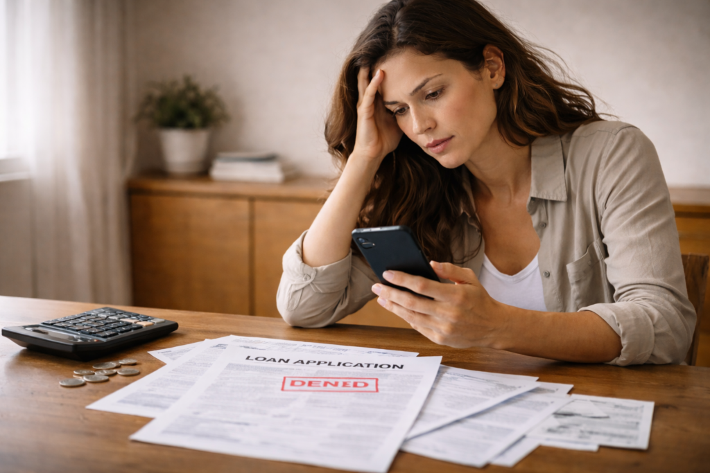 Mulher analisando documentos financeiros, representando crédito pessoal para negativados