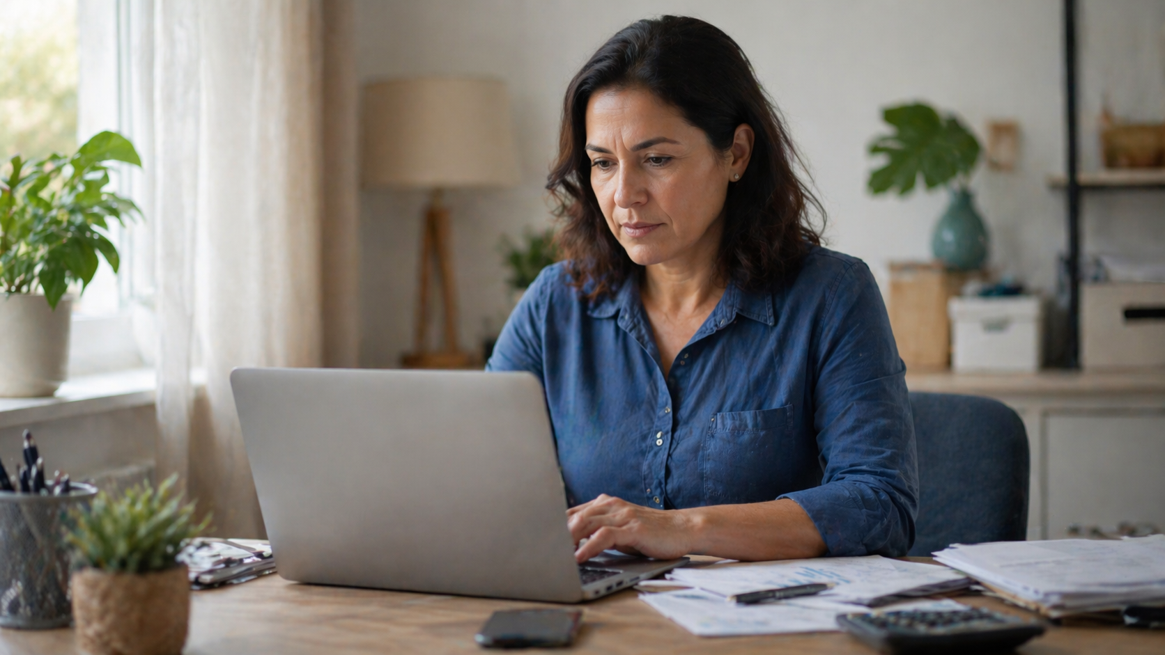 Mulher brasileira consultando informações de declaração de imposto de renda 2026, no computador em casa