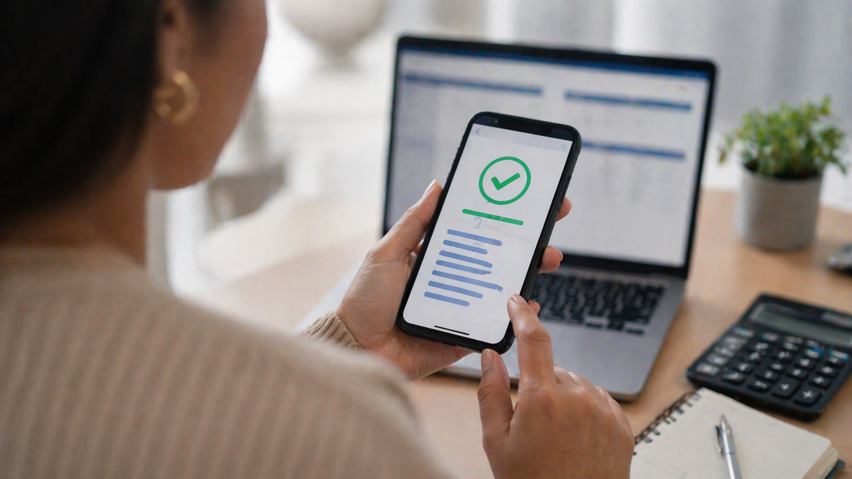 Pessoa consultando restituição do imposto de renda 2026 pelo celular, com notebook e documentos financeiros na mesa, representando acompanhamento da devolução do IR
