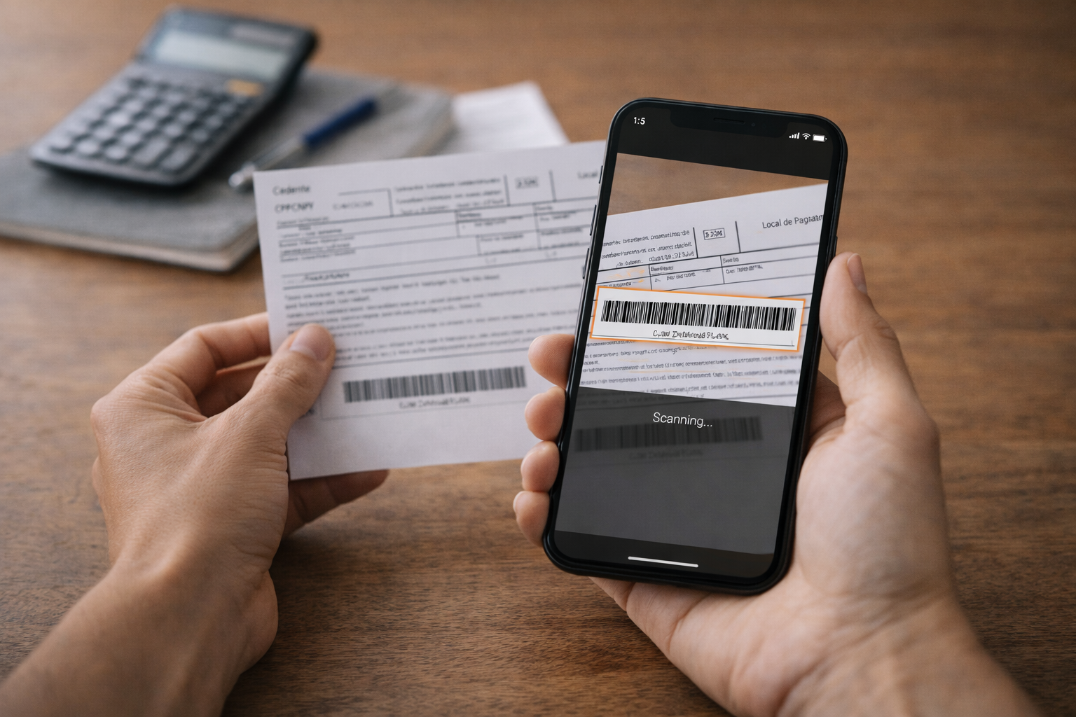 Pessoa pagando boleto de empréstimo pelo celular, escaneando código de barras para quitar dívida e organizar finanças pessoais de forma digital