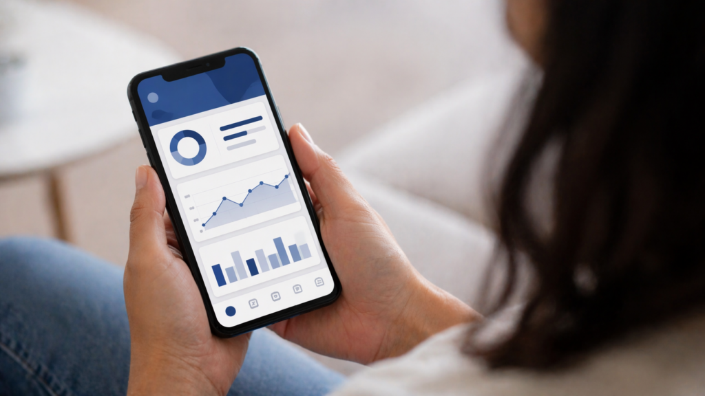 Pessoa utilizando aplicativo financeiro no celular para acompanhar gastos, controle de finanças pessoais e consulta de dados bancários de forma digital