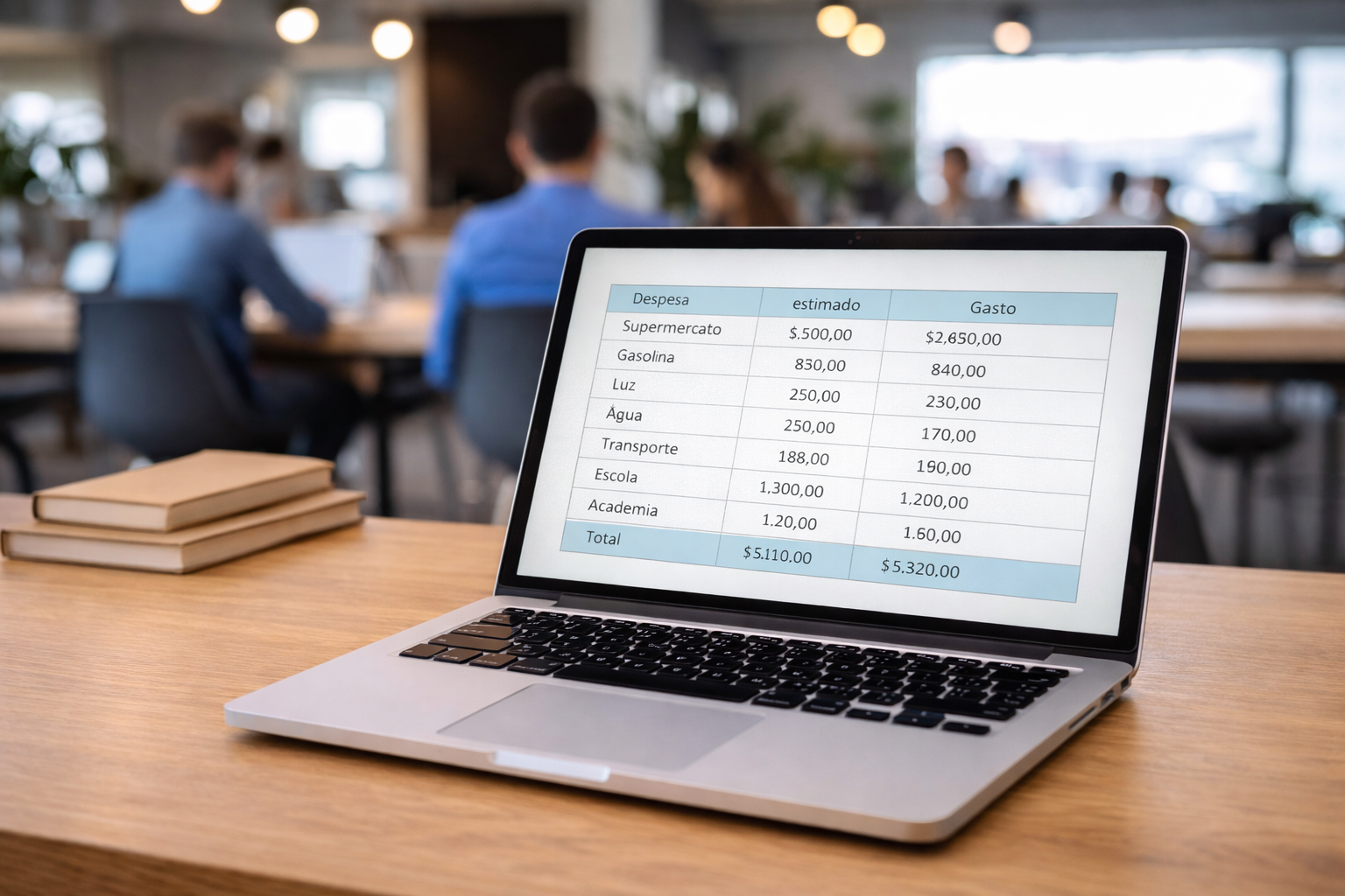 Planilha de controle financeiro em notebook em ambiente de coworking