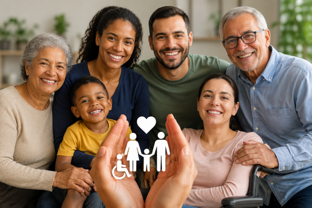 Família brasileira representando acesso a benefícios sociais em 2026, incluindo auxílio para idosos, pessoas com deficiência e famílias de baixa renda