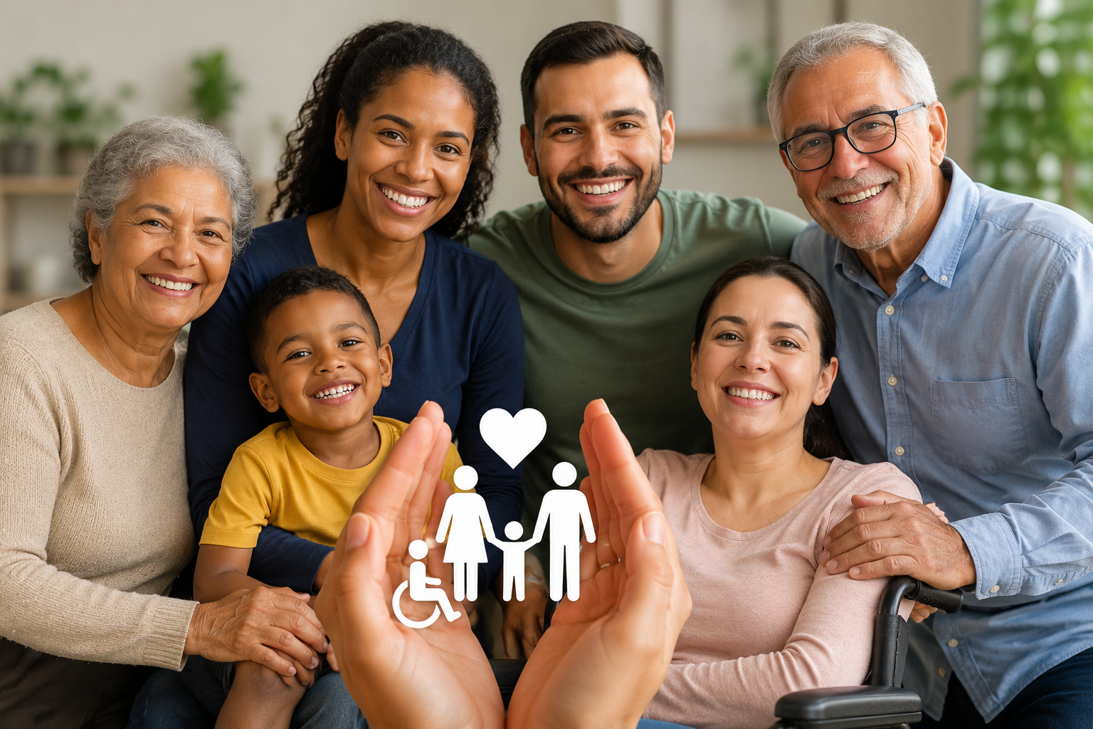 Família brasileira representando acesso a benefícios sociais em 2026, incluindo auxílio para idosos, pessoas com deficiência e famílias de baixa renda