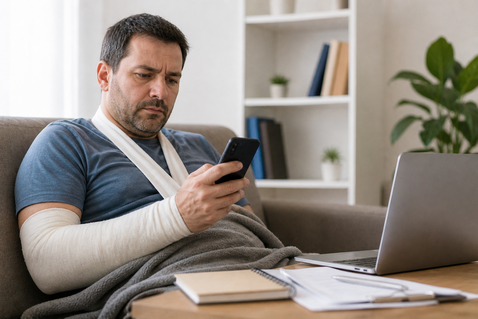 Homem afastado do trabalho por doença usando celular em casa, representando solicitação de auxílio-doença do INSS e acompanhamento do benefício em 2026
