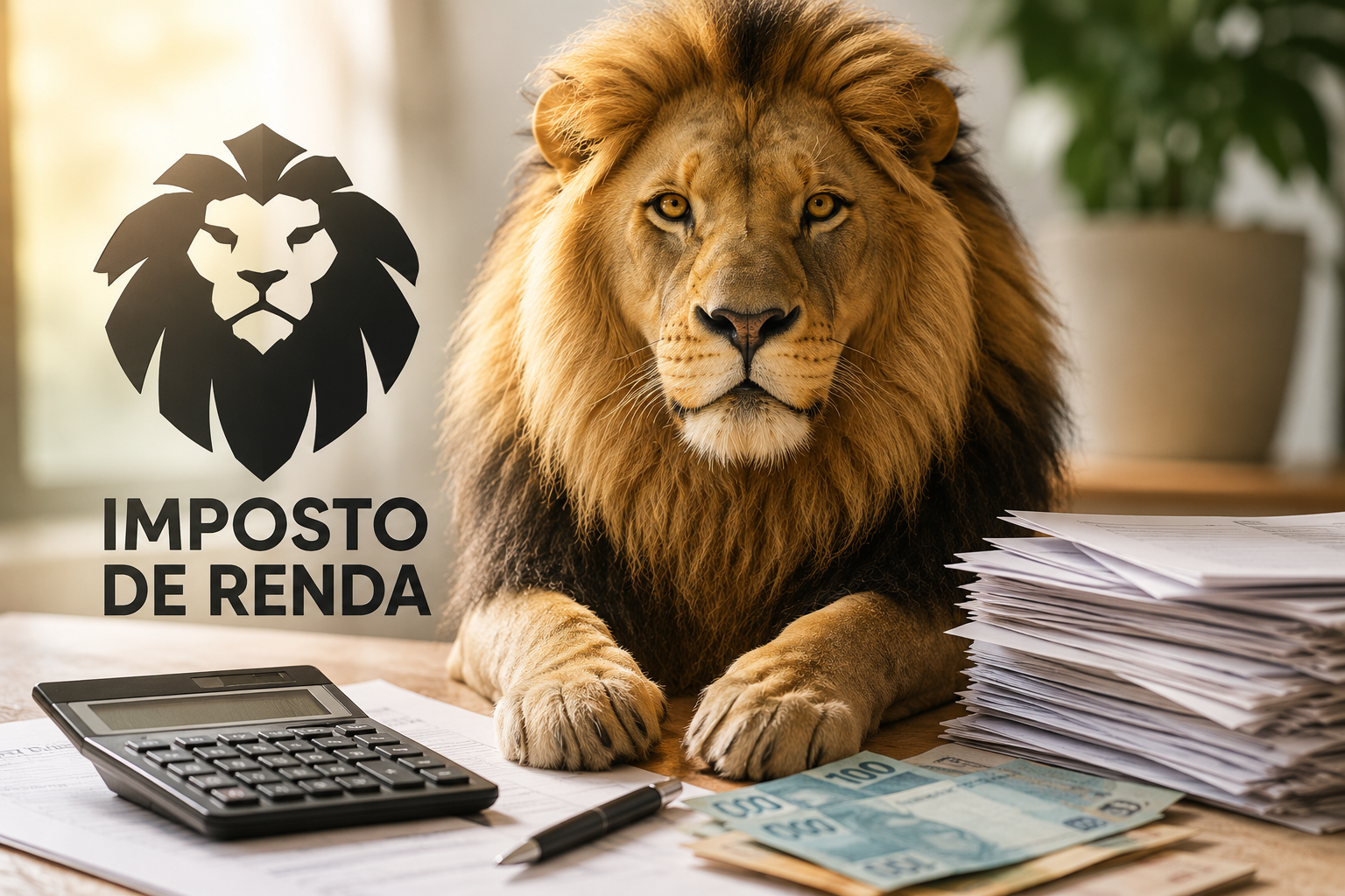 Leão simbolizando o Imposto de Renda 2026 ao lado de documentos financeiros, calculadora e dinheiro sobre mesa de escritório, representando declaração e prazo do IR.
