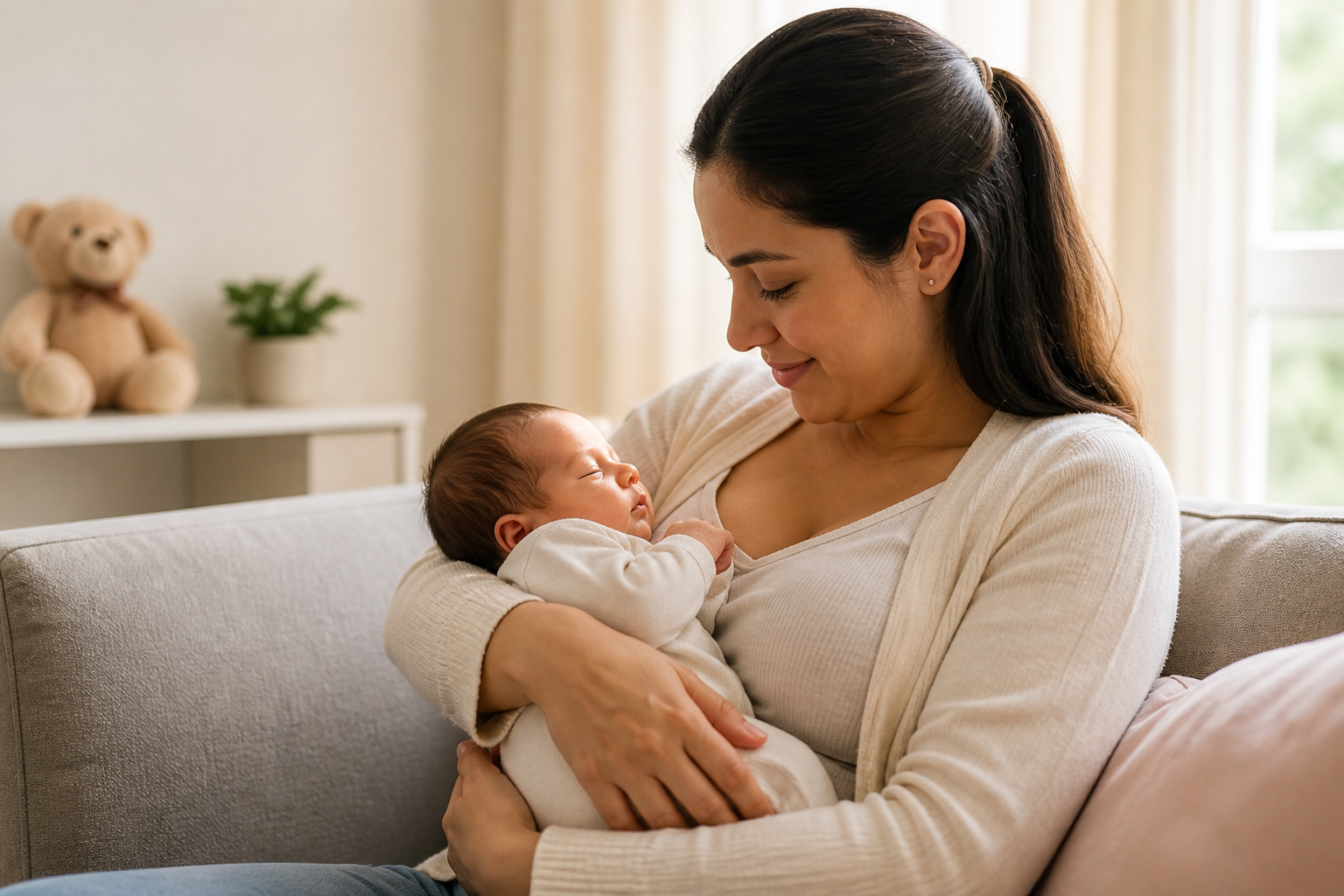 Mulher com bebê recém-nascido em casa, representando quem tem direito e como pedir salário-maternidade do INSS em 2026