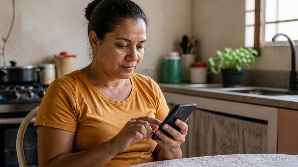 Mulher simples usando celular em casa para consultar Bolsa Família, representando verificação de benefício bloqueado e como reativar o auxílio em 2026