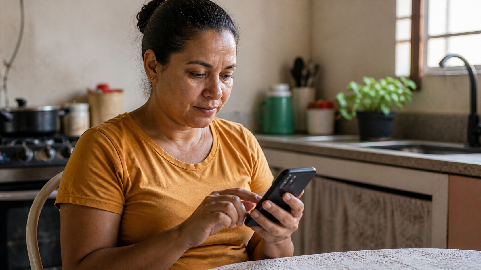 Mulher simples usando celular em casa para consultar Bolsa Família, representando verificação de benefício bloqueado e como reativar o auxílio em 2026