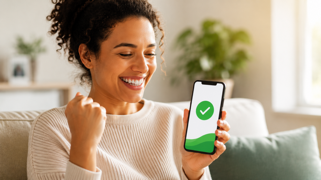 Pessoa aliviada segurando celular com aprovação de crédito após limpar o nome