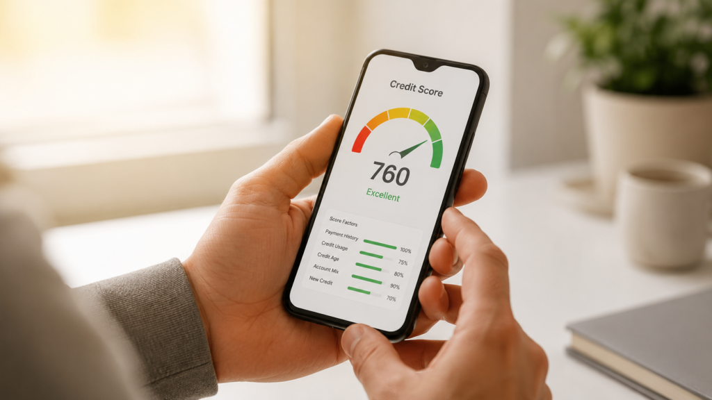 Pessoa consultando score de crédito em aplicativo financeiro pelo celular, com indicador em nível alto, representando aumento da pontuação e melhora do histórico financeiro.