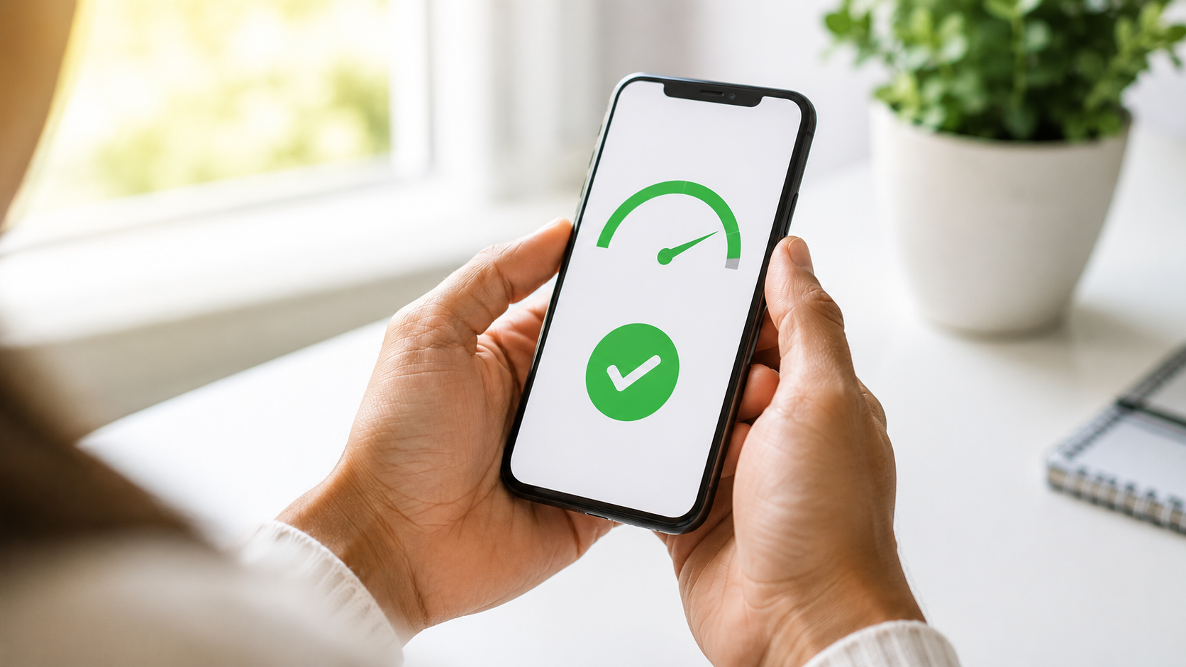 Pessoa segurando celular com tela mostrando nome limpo no Serasa após pagamento de dívida