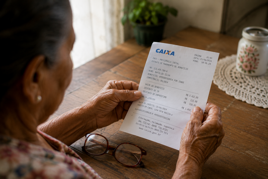 Aposentada verificando comprovante do 13 salário do INSS