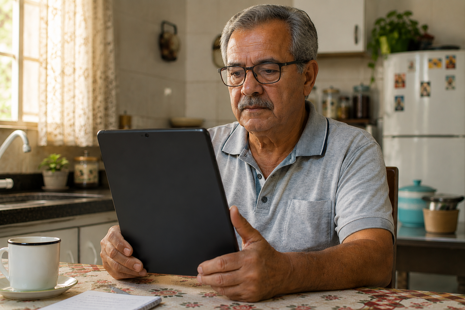 Aposentado consultando extrato de pagamento INSS 2026 pelo aplicativo no tablet