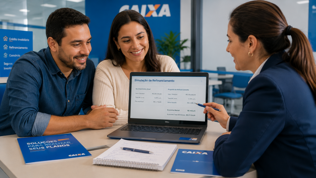 Casal brasileiro avaliando refinanciamento de dívida com gerente