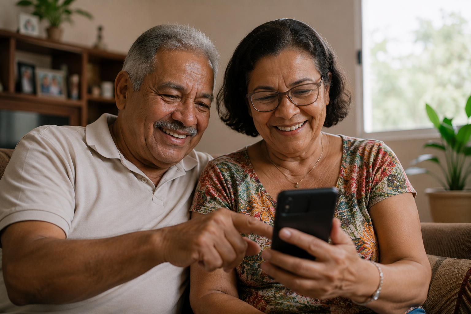 Casal de aposentados conferindo pagamento do 13 salário aposentado pelo celular