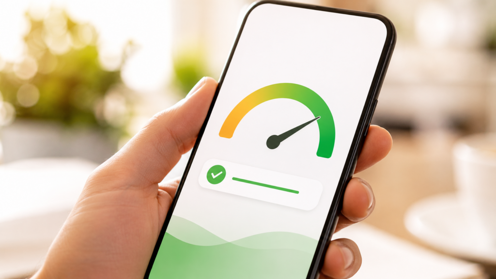 Celular mostrando pontuação do score de crédito subindo no aplicativo do Serasa