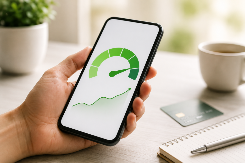 Celular mostrando score de crédito subindo após ativação do Cadastro Positivo no Serasa