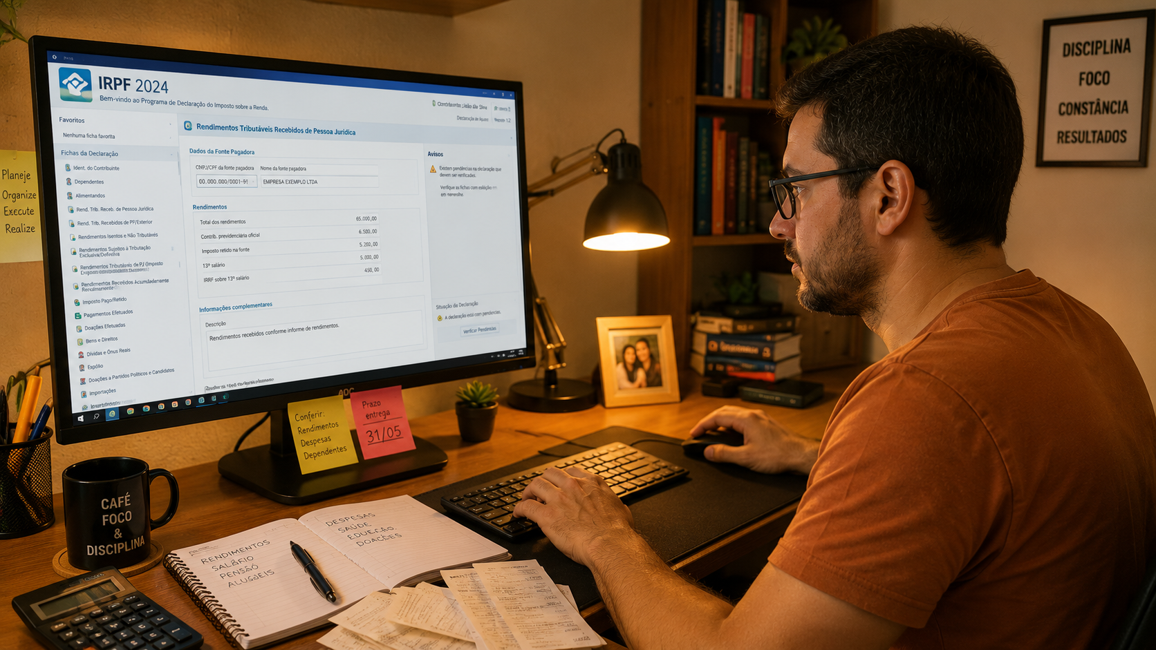 Contribuinte brasileiro fazendo retificação da declaração do IR no computador